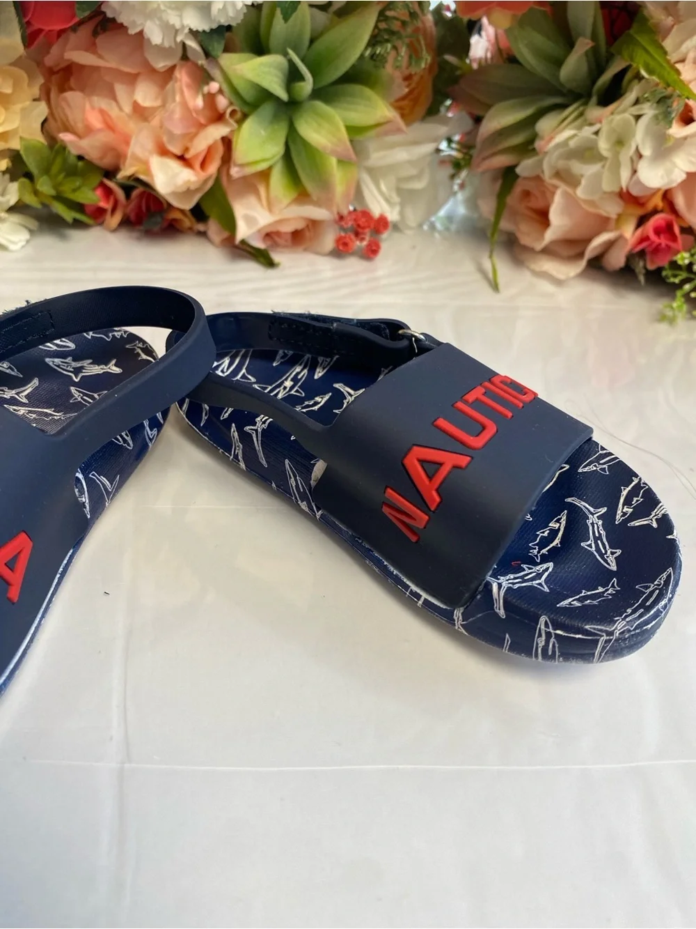 Nautica Boys Shark Print Logo Slingback Water Sandals Navy Red Size 7